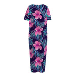 Teal Tropical Hibiscus Pattern Print Short Sleeve Long Nightdress
