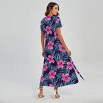 Teal Tropical Hibiscus Pattern Print Short Sleeve Maxi Dress