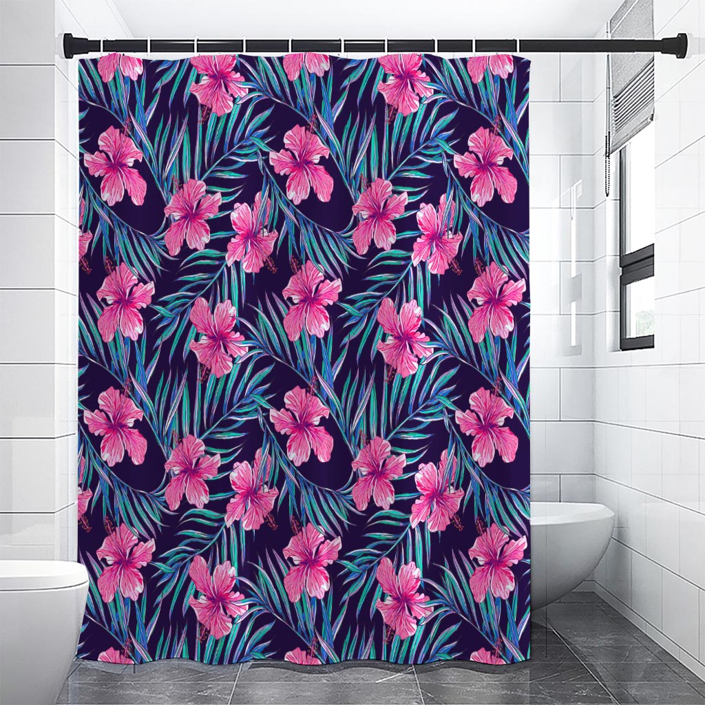 Teal Tropical Hibiscus Pattern Print Shower Curtain