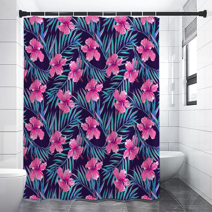 Teal Tropical Hibiscus Pattern Print Shower Curtain