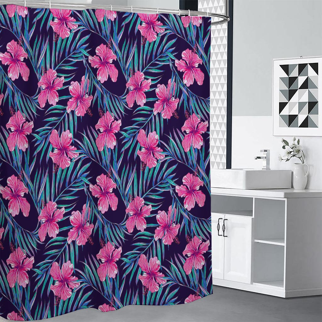 Teal Tropical Hibiscus Pattern Print Shower Curtain