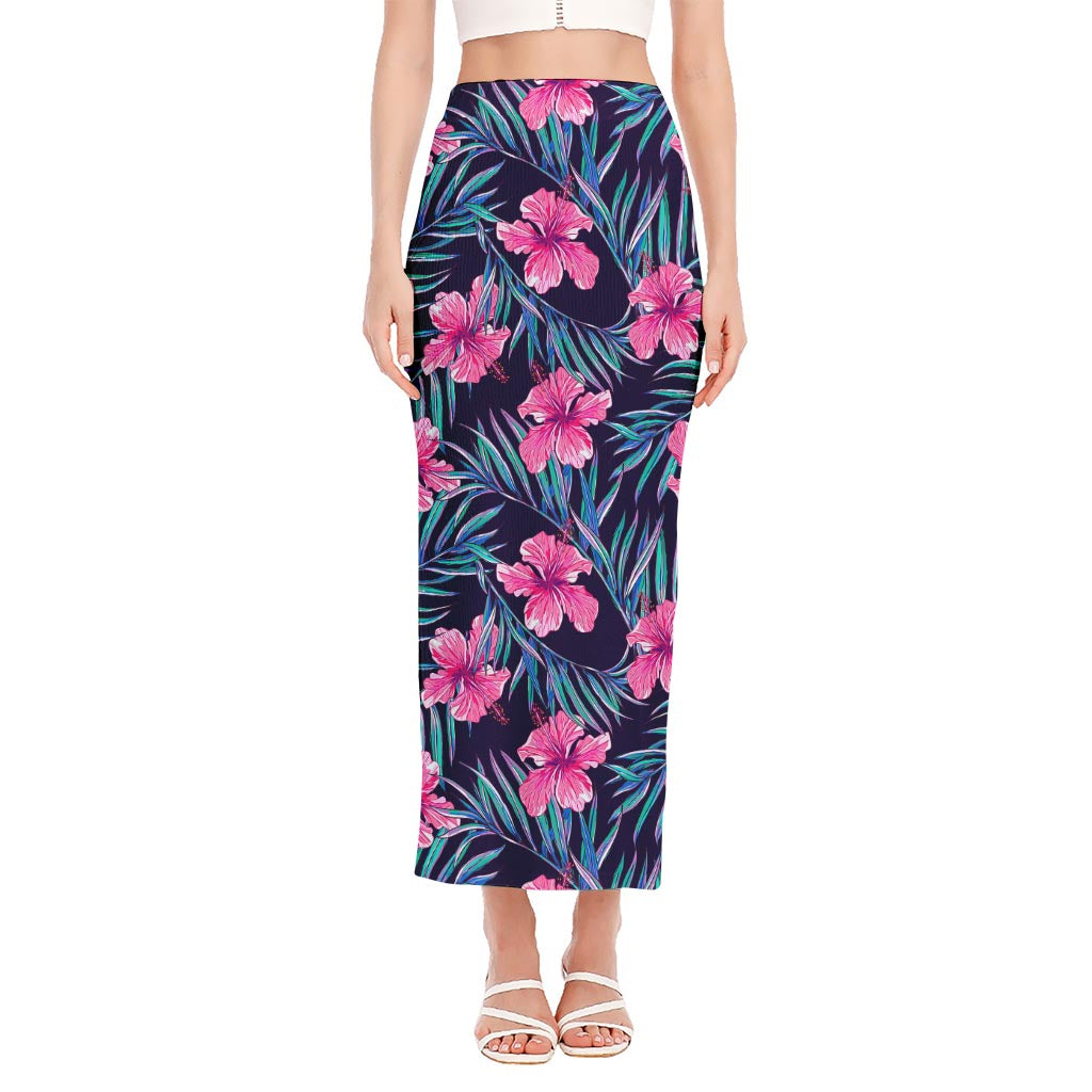 Teal Tropical Hibiscus Pattern Print Side Slit Maxi Skirt