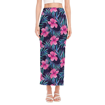 Teal Tropical Hibiscus Pattern Print Side Slit Maxi Skirt