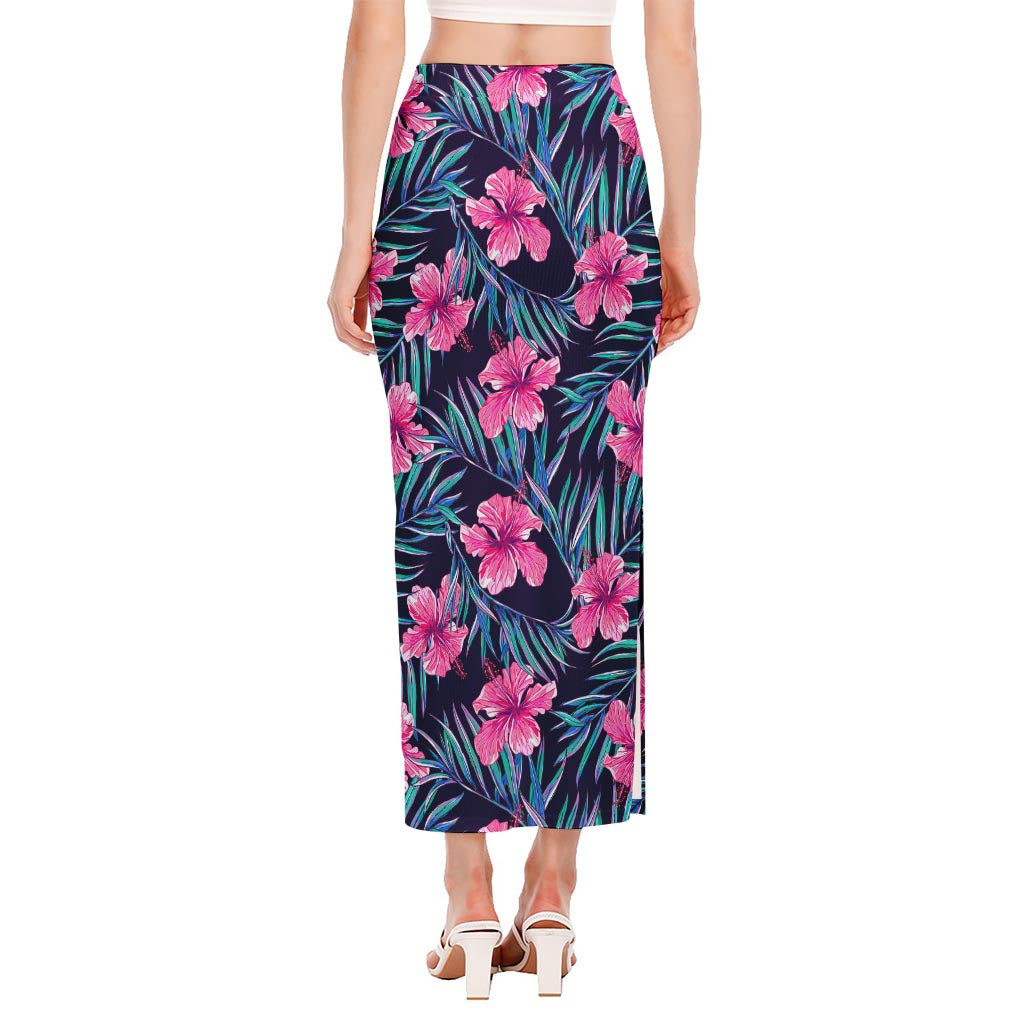 Teal Tropical Hibiscus Pattern Print Side Slit Maxi Skirt