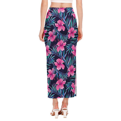 Teal Tropical Hibiscus Pattern Print Side Slit Maxi Skirt