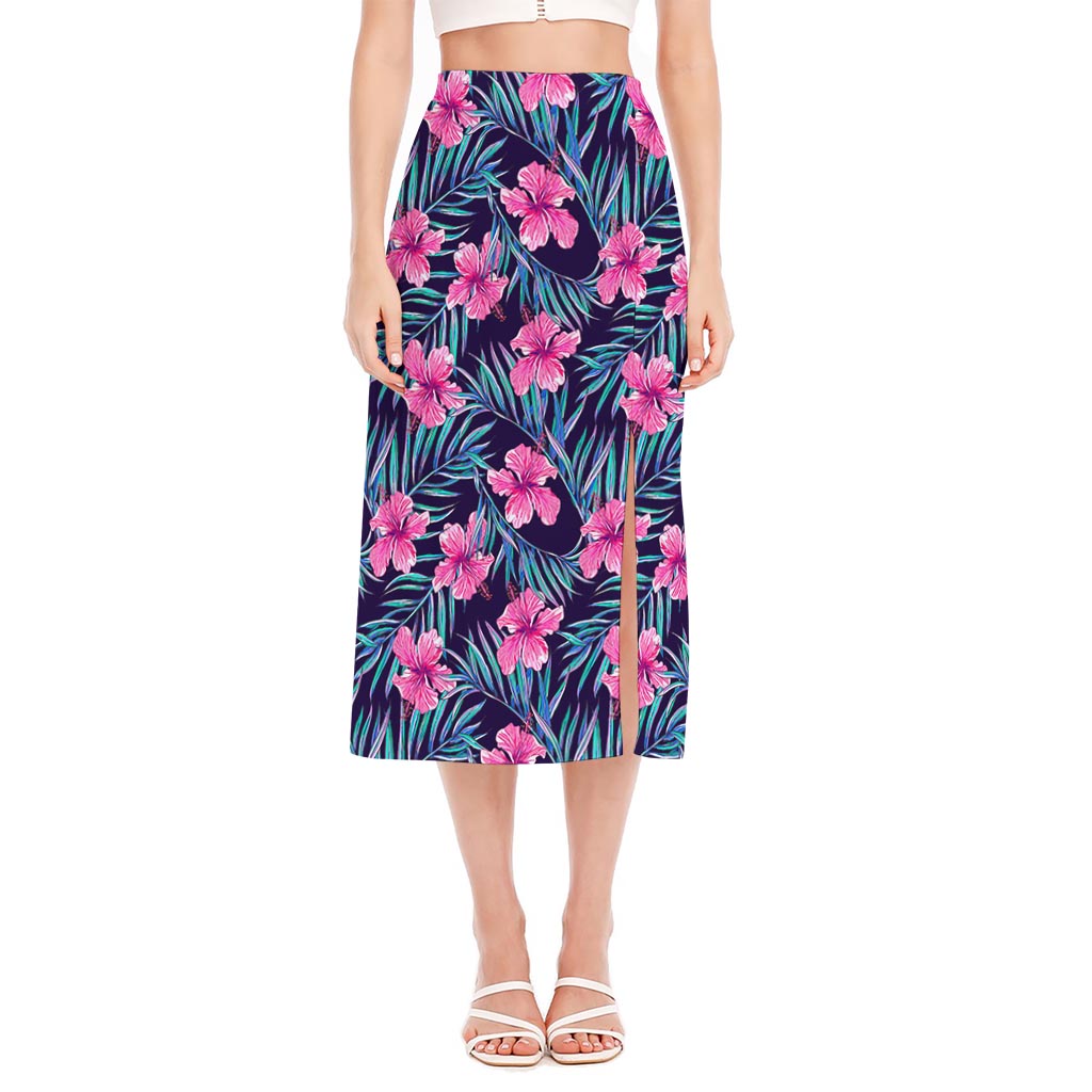 Teal Tropical Hibiscus Pattern Print Side Slit Midi Skirt