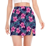 Teal Tropical Hibiscus Pattern Print Side Slit Mini Skirt