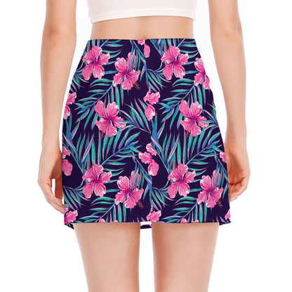 Teal Tropical Hibiscus Pattern Print Side Slit Mini Skirt