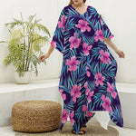 Teal Tropical Hibiscus Pattern Print Silk V-Neck Kaftan Dress