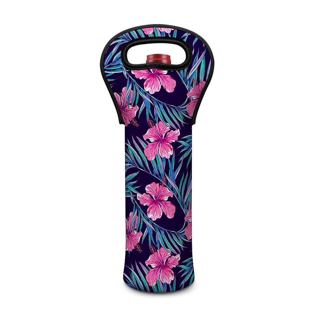Teal Tropical Hibiscus Pattern Print Single Neoprene Wine Tote
