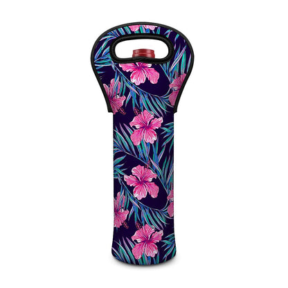 Teal Tropical Hibiscus Pattern Print Single Neoprene Wine Tote