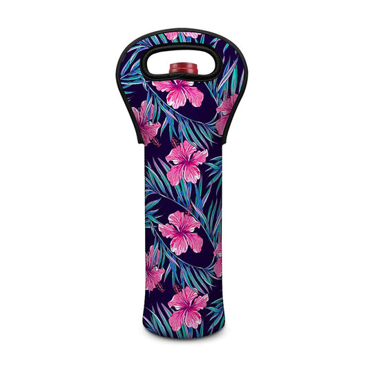 Teal Tropical Hibiscus Pattern Print Single Neoprene Wine Tote