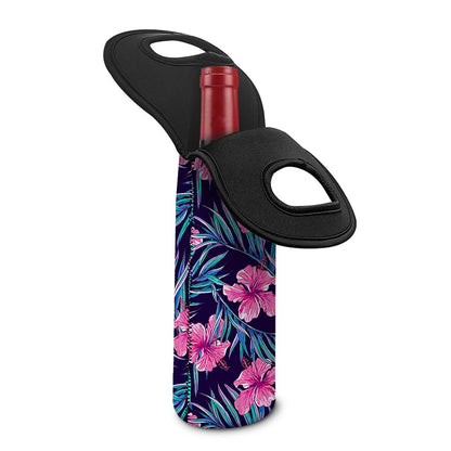 Teal Tropical Hibiscus Pattern Print Single Neoprene Wine Tote
