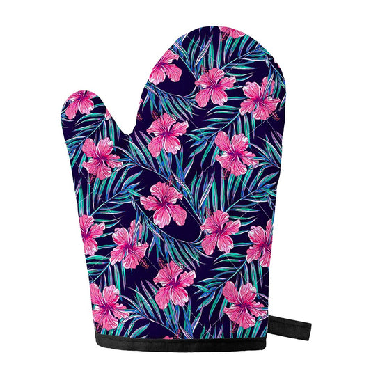 Teal Tropical Hibiscus Pattern Print Single Oven Mitt
