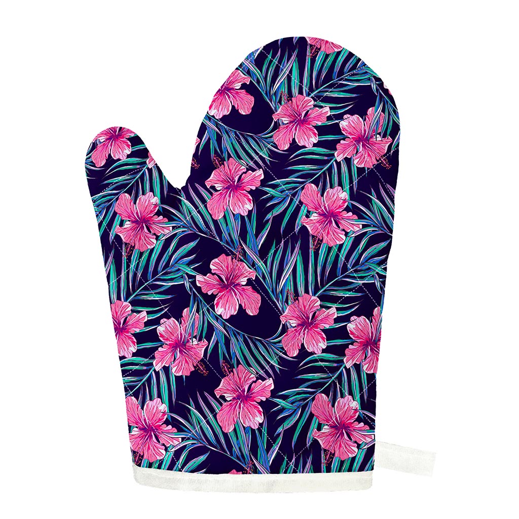 Teal Tropical Hibiscus Pattern Print Single Oven Mitt
