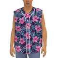 Teal Tropical Hibiscus Pattern Print Sleeveless Baseball Jersey