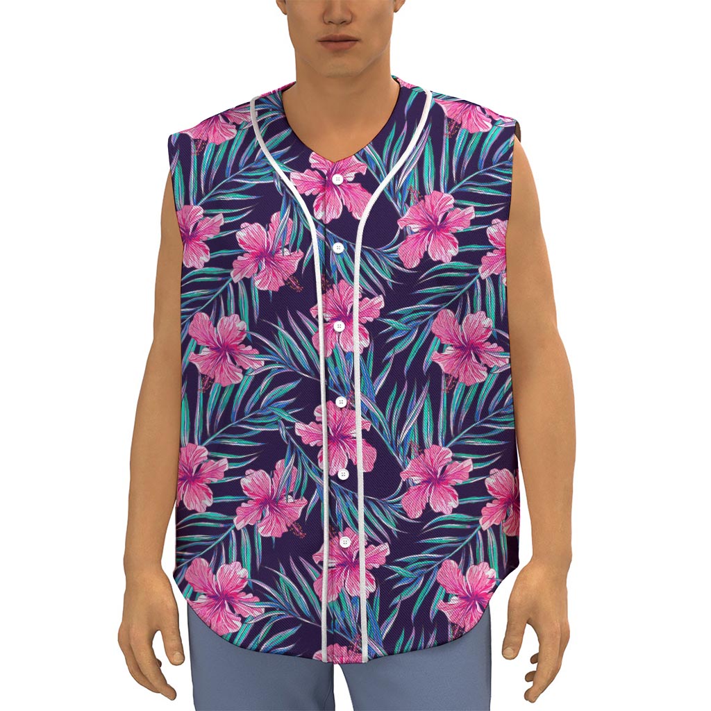 Teal Tropical Hibiscus Pattern Print Sleeveless Baseball Jersey
