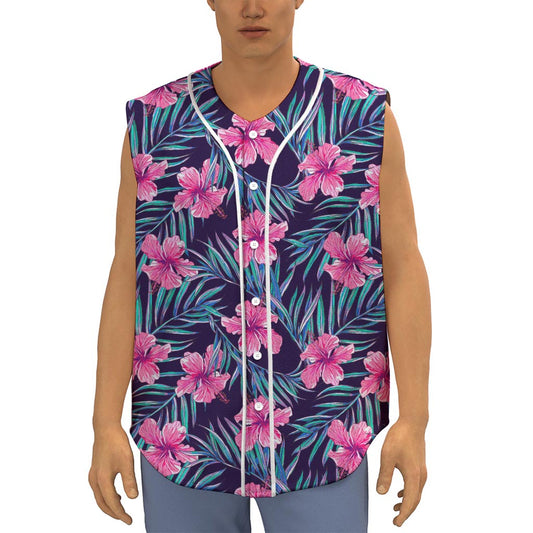 Teal Tropical Hibiscus Pattern Print Sleeveless Baseball Jersey