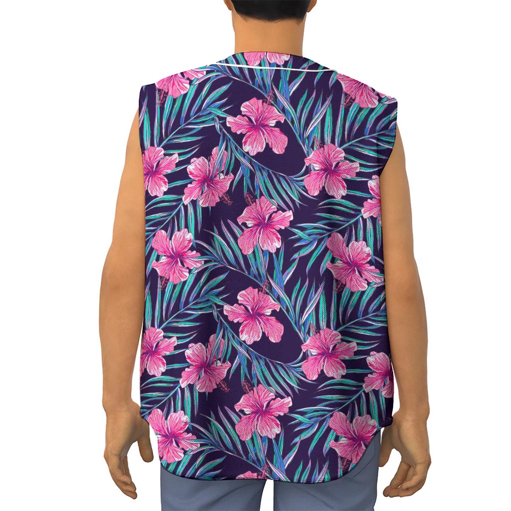 Teal Tropical Hibiscus Pattern Print Sleeveless Baseball Jersey