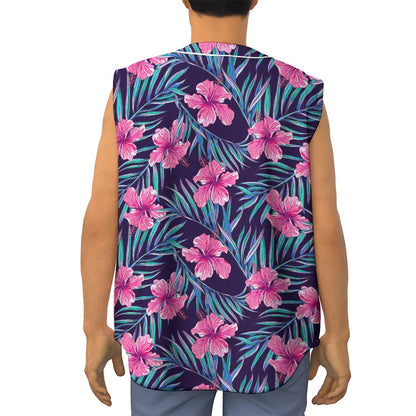 Teal Tropical Hibiscus Pattern Print Sleeveless Baseball Jersey