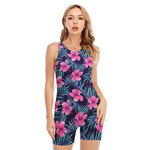 Teal Tropical Hibiscus Pattern Print Sleeveless One Piece Swimsuit