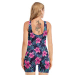Teal Tropical Hibiscus Pattern Print Sleeveless One Piece Swimsuit