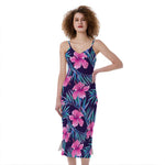 Teal Tropical Hibiscus Pattern Print Slim Fit Midi Cami Dress