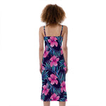 Teal Tropical Hibiscus Pattern Print Slim Fit Midi Cami Dress