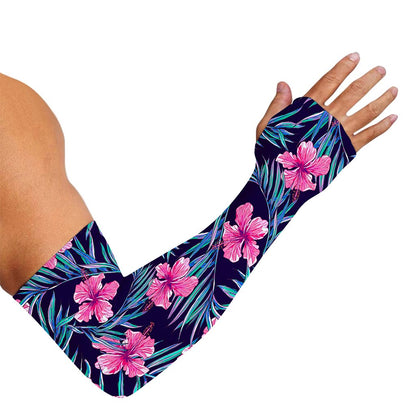 Teal Tropical Hibiscus Pattern Print Sun Protection Arm Sleeves