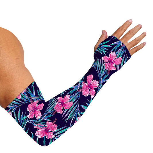 Teal Tropical Hibiscus Pattern Print Sun Protection Arm Sleeves