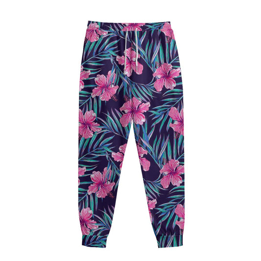 Teal Tropical Hibiscus Pattern Print Sweatpants