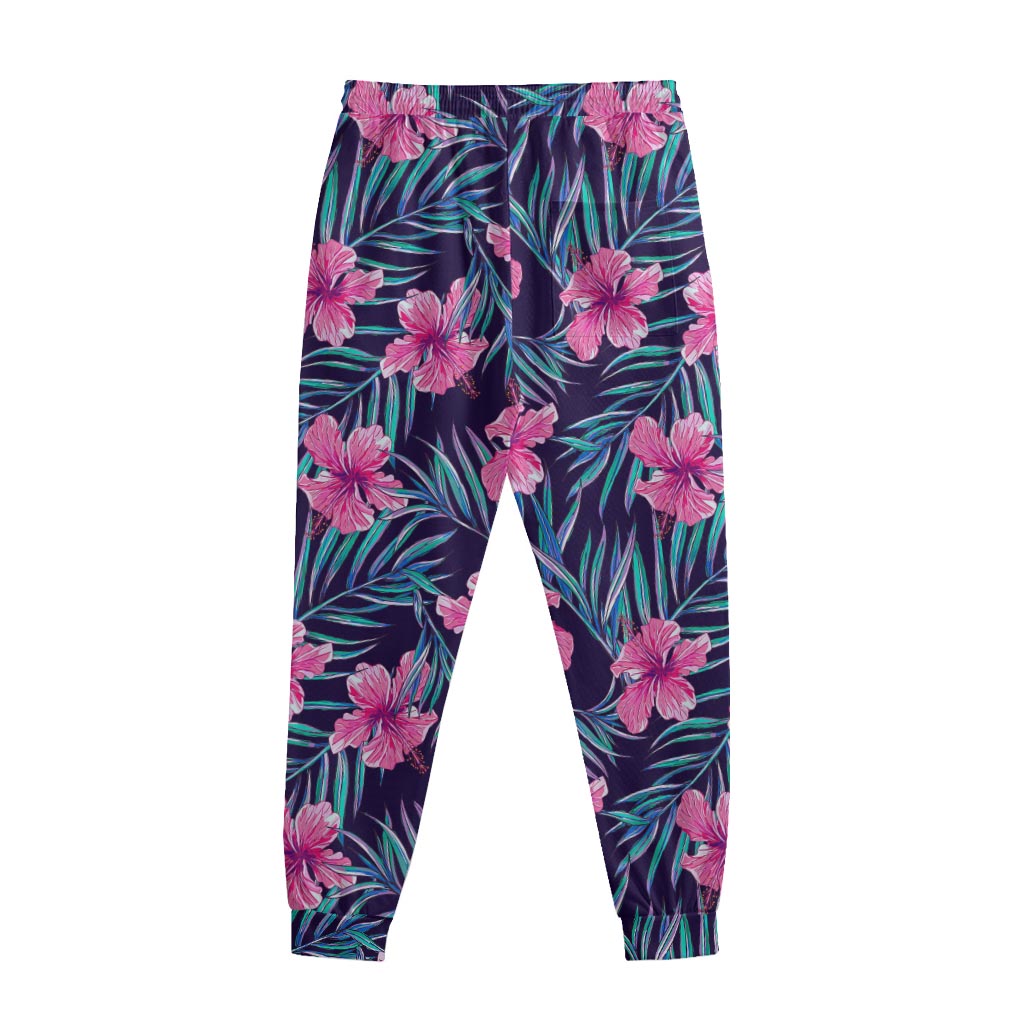 Teal Tropical Hibiscus Pattern Print Sweatpants