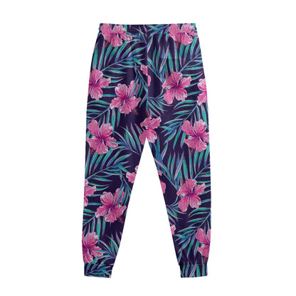 Teal Tropical Hibiscus Pattern Print Sweatpants