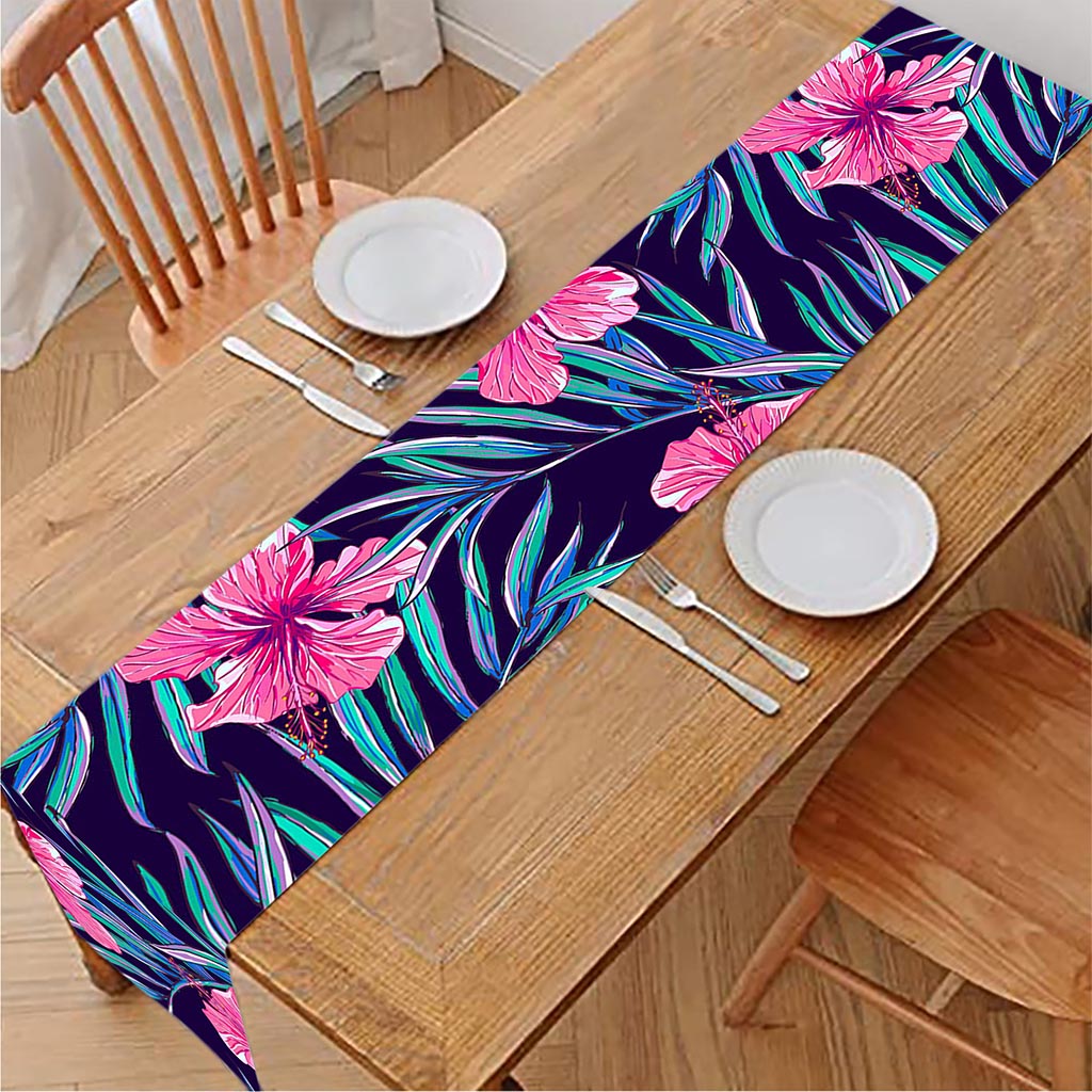Teal Tropical Hibiscus Pattern Print Table Runner