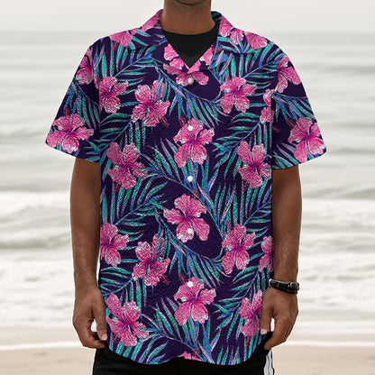 Teal Tropical Hibiscus Pattern Print Textured Short Sleeve Shirt