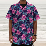 Teal Tropical Hibiscus Pattern Print Textured Short Sleeve Shirt