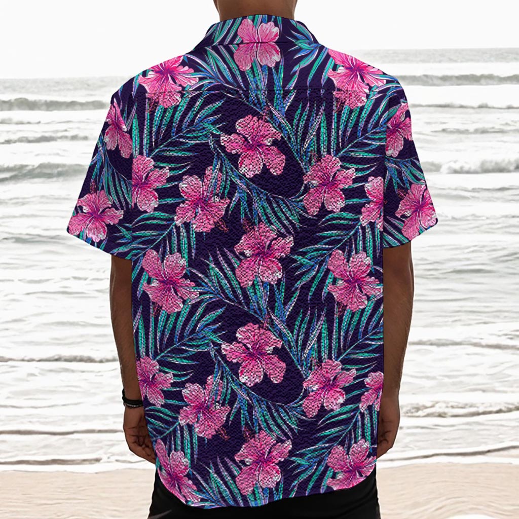 Teal Tropical Hibiscus Pattern Print Textured Short Sleeve Shirt