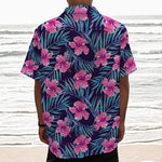 Teal Tropical Hibiscus Pattern Print Textured Short Sleeve Shirt