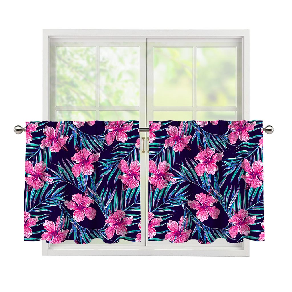 Teal Tropical Hibiscus Pattern Print Tier Curtains