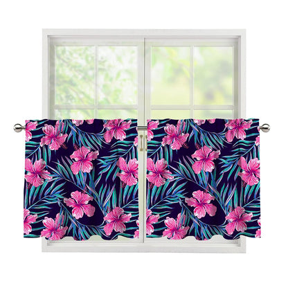 Teal Tropical Hibiscus Pattern Print Tier Curtains
