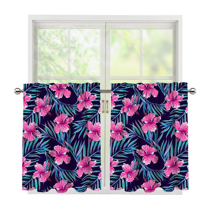 Teal Tropical Hibiscus Pattern Print Tier Curtains