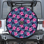 Teal Tropical Hibiscus Pattern Print Tire Cover With Camera Hole