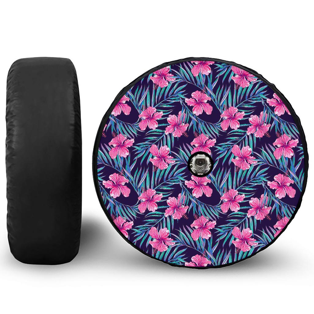 Teal Tropical Hibiscus Pattern Print Tire Cover With Camera Hole