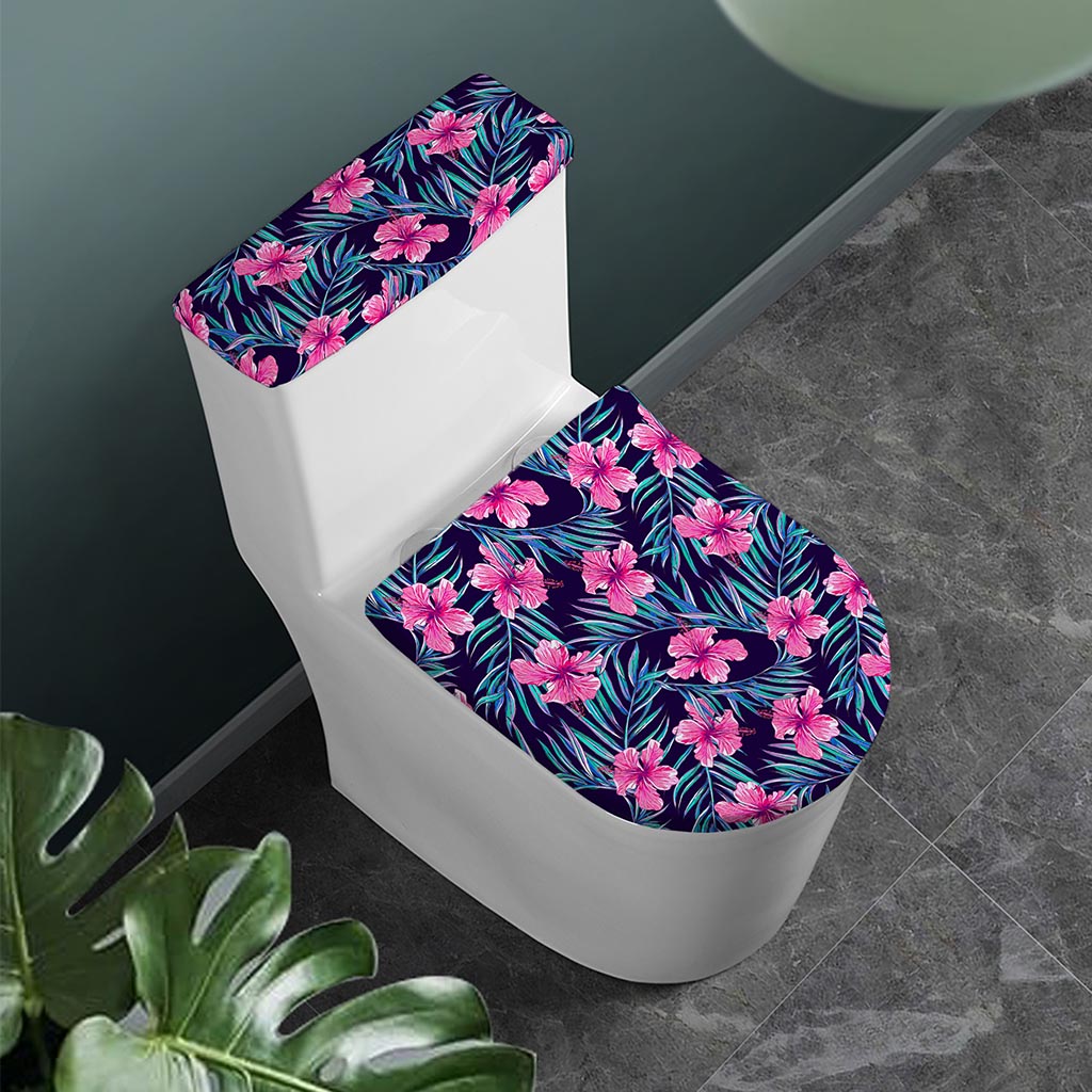 Teal Tropical Hibiscus Pattern Print Toilet Lid And Tank Cover Set