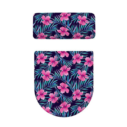 Teal Tropical Hibiscus Pattern Print Toilet Lid And Tank Cover Set