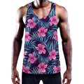Teal Tropical Hibiscus Pattern Print Men's Workout Tank Top