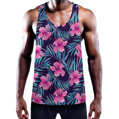 Teal Tropical Hibiscus Pattern Print Training Tank Top