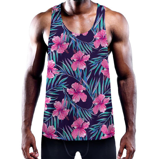 Teal Tropical Hibiscus Pattern Print Training Tank Top