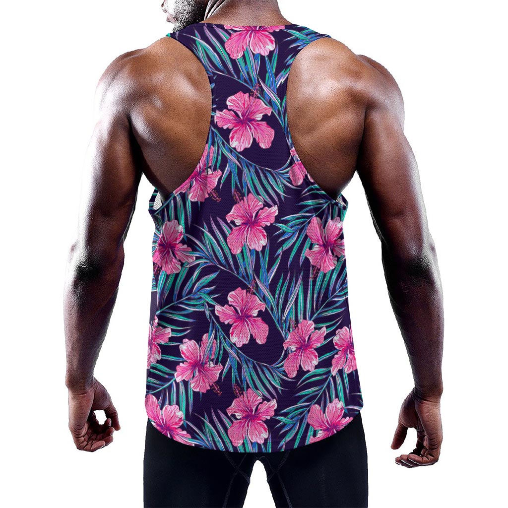 Teal Tropical Hibiscus Pattern Print Training Tank Top