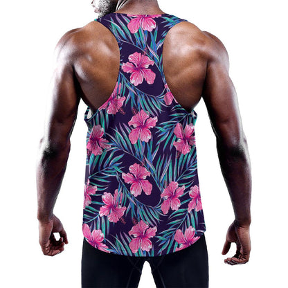 Teal Tropical Hibiscus Pattern Print Training Tank Top